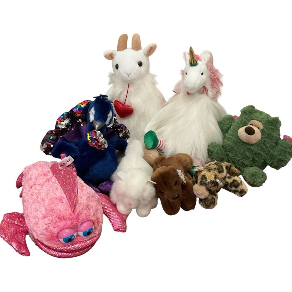 AURORA Plush Lot Fish, Peacock, Unicorn, Goat, Dog, Cat, Cactus Bear Sizes Vary